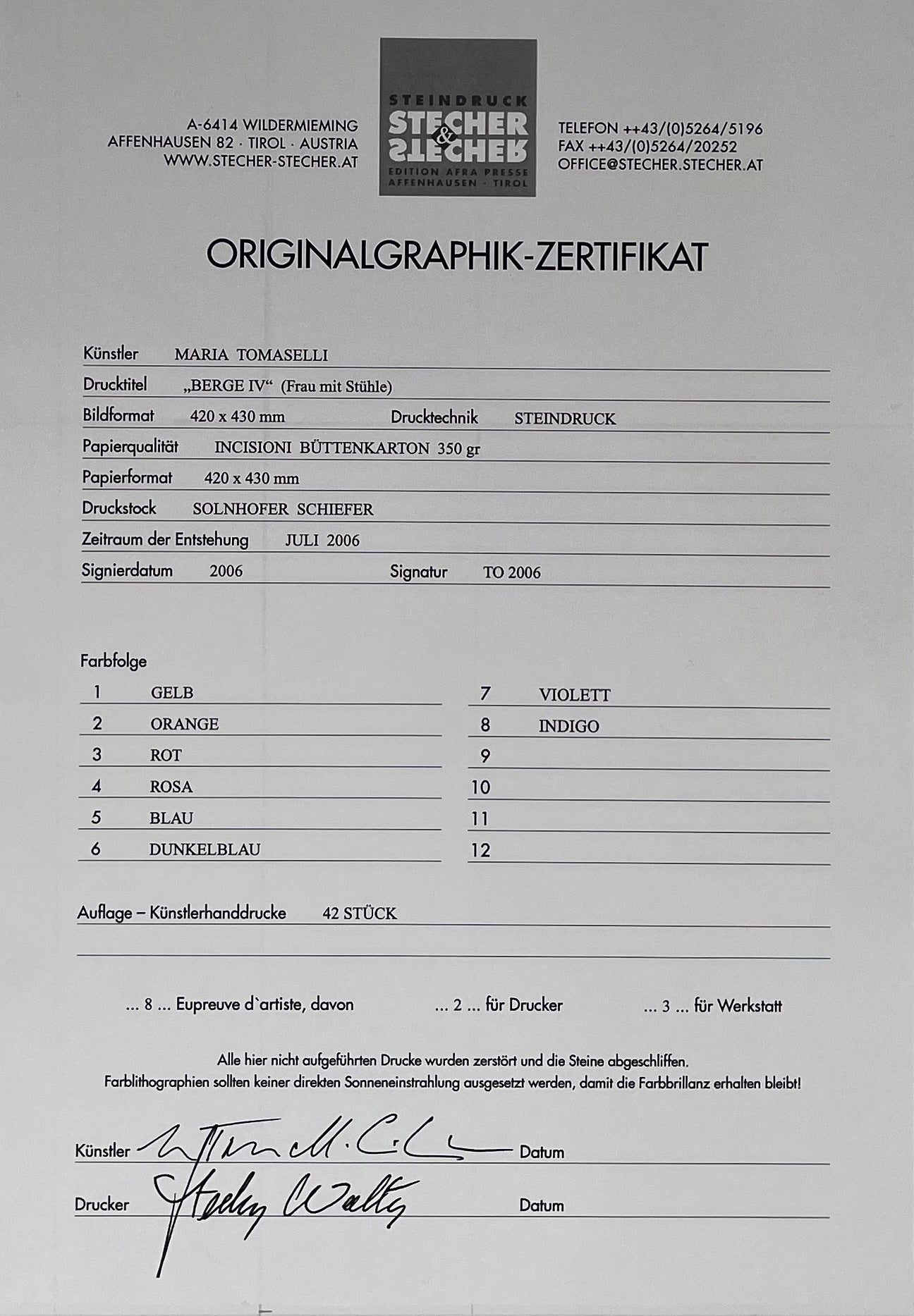 Maria Tomaselli - „Berge IV - Frau mit Stühlen“ - Lithografie