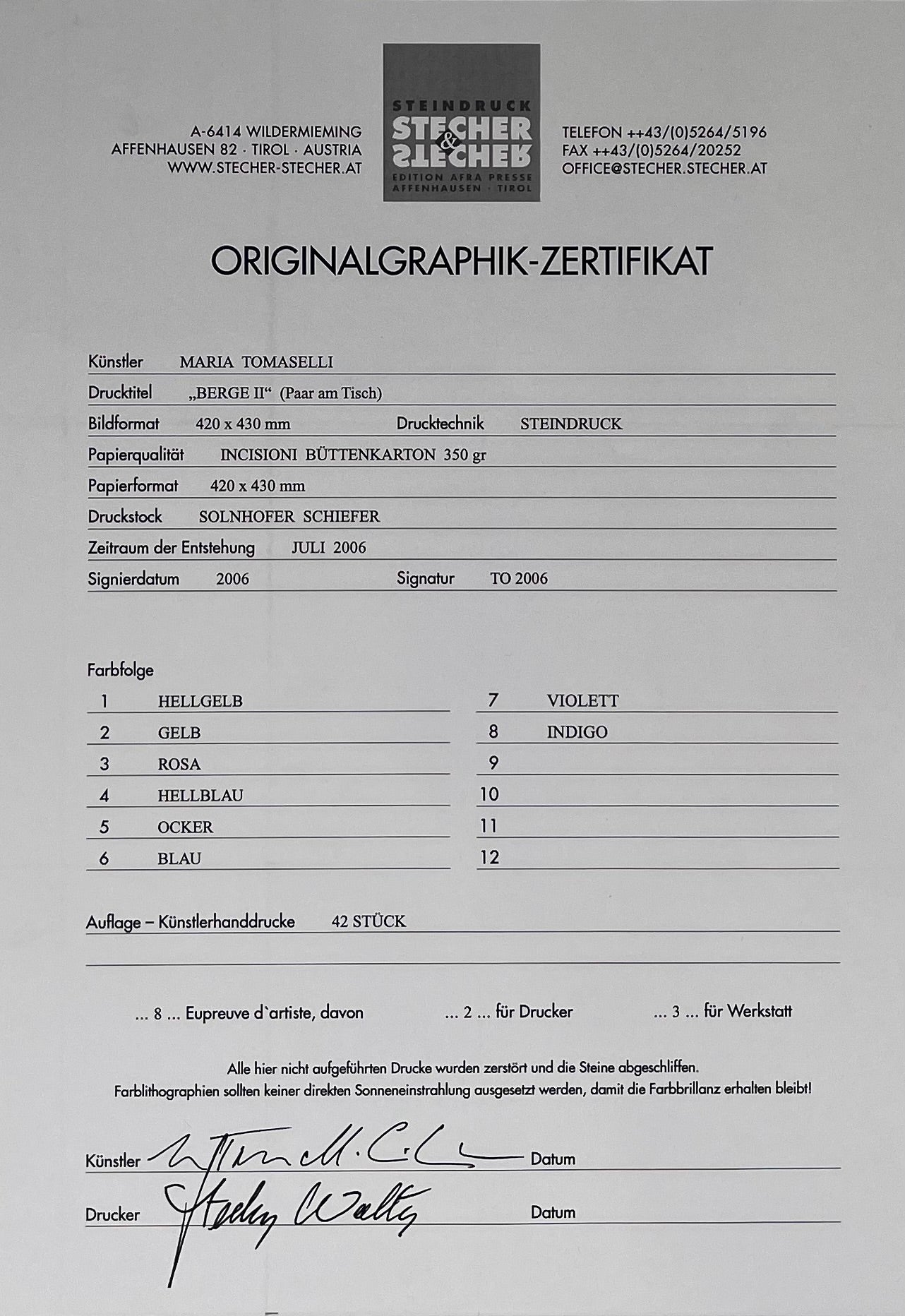 Maria Tomaselli - „Berge II - Paar am Tisch“ - Lithografie